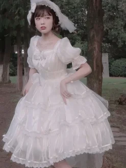 Sweet Lolita Dress Polyester Short Puff Sleeves Dress