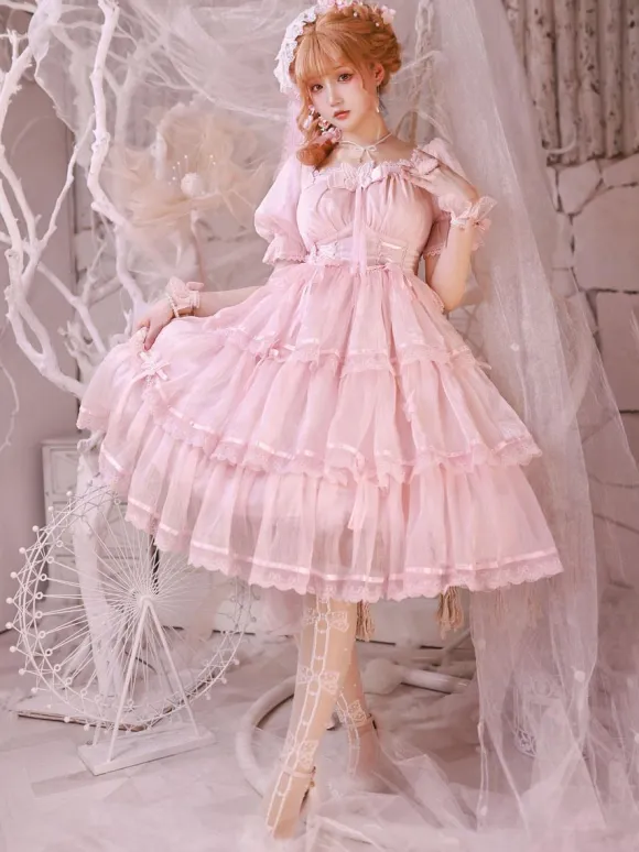 Sweet Lolita Dress Polyester Short Puff Sleeves Dress