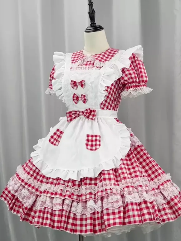 Sweet Lolita Dress Polyester Short Sleeves Lace Apron Sweet Red Lolita Dress