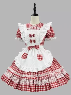 Sweet Lolita Dress Polyester Short Sleeves Lace Apron Sweet Red Lolita Dress