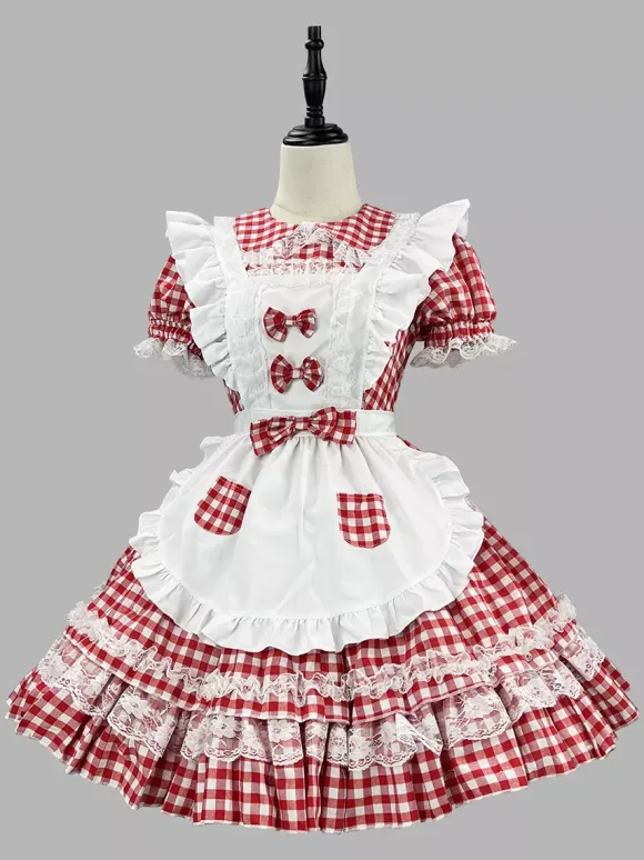 Sweet Lolita Dress Polyester Short Sleeves Lace Apron Sweet Red Lolita Dress