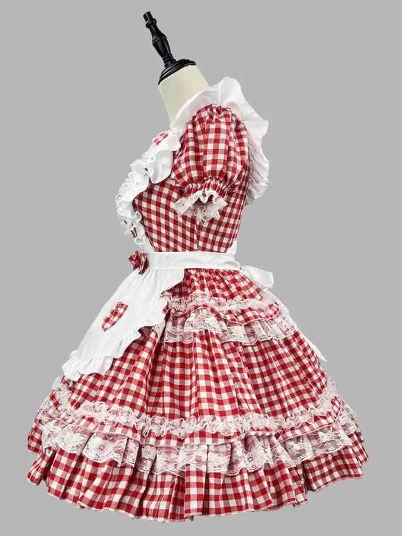 Sweet Lolita Dress Polyester Short Sleeves Lace Apron Sweet Red Lolita Dress