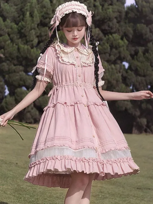 Sweet Lolita Dress Polyester Short Sleeves Pastoral Style Dress