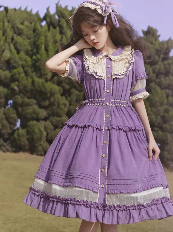 Sweet Lolita Dress Polyester Short Sleeves Pastoral Style Dress