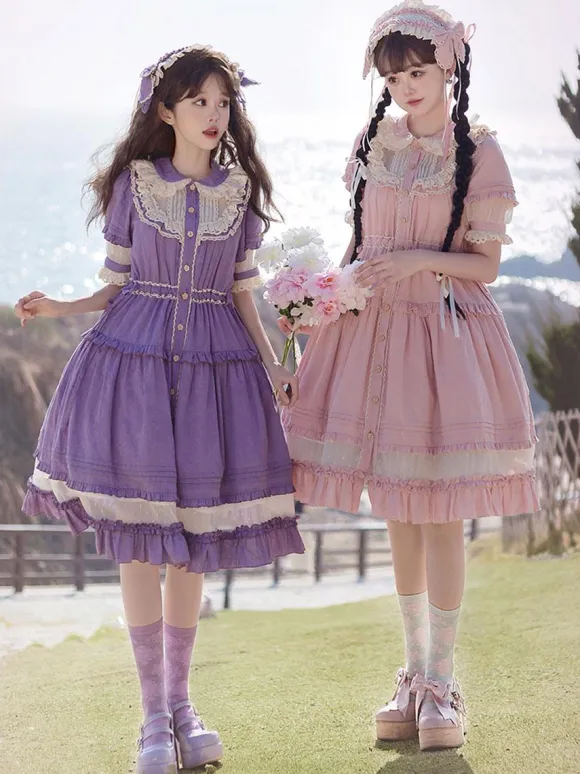 Sweet Lolita Dress Polyester Short Sleeves Pastoral Style Dress