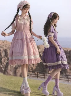 Sweet Lolita Dress Polyester Short Sleeves Pastoral Style Dress