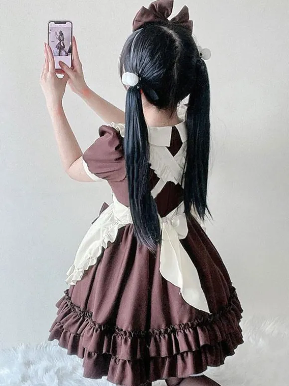 Sweet Lolita Dress Polyester Short Sleeves Ruffles Dress