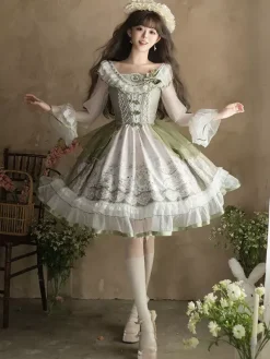 Sweet Lolita Dress Sage Green Long Sleeves Embroidered Bunny Pattern Classic Fairytale Dress Polyester Kawaii Fashion