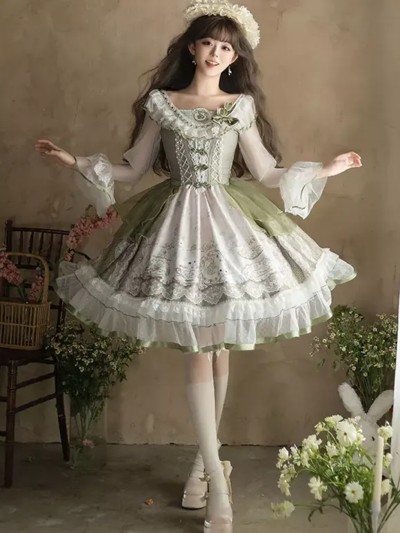 Sweet Lolita Dress Sage Green Long Sleeves Embroidered Bunny Pattern Classic Fairytale Dress Polyester Kawaii Fashion