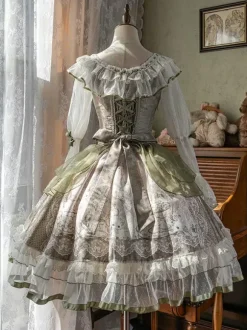 Sweet Lolita Dress Sage Green Long Sleeves Embroidered Bunny Pattern Classic Fairytale Dress Polyester Kawaii Fashion