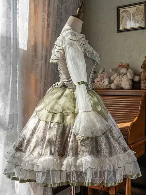 Sweet Lolita Dress Sage Green Long Sleeves Embroidered Bunny Pattern Classic Fairytale Dress Polyester Kawaii Fashion