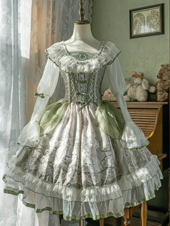 Sweet Lolita Dress Sage Green Long Sleeves Embroidered Bunny Pattern Classic Fairytale Dress Polyester Kawaii Fashion