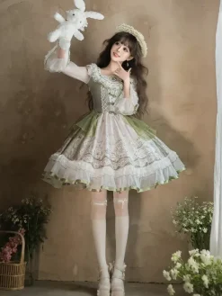 Sweet Lolita Dress Sage Green Long Sleeves Embroidered Bunny Pattern Classic Fairytale Dress Polyester Kawaii Fashion