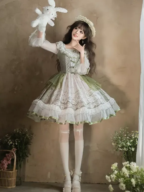 Sweet Lolita Dress Sage Green Long Sleeves Embroidered Bunny Pattern Classic Fairytale Dress Polyester Kawaii Fashion