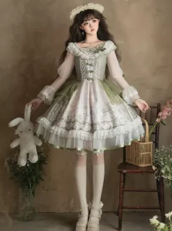 Sweet Lolita Dress Sage Green Long Sleeves Embroidered Bunny Pattern Classic Fairytale Dress Polyester Kawaii Fashion