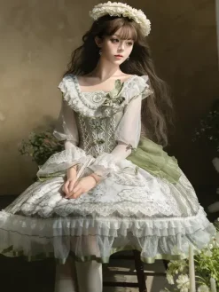 Sweet Lolita Dress Sage Green Long Sleeves Embroidered Bunny Pattern Classic Fairytale Dress Polyester Kawaii Fashion