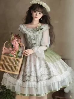 Sweet Lolita Dress Sage Green Long Sleeves Embroidered Bunny Pattern Classic Fairytale Dress Polyester Kawaii Fashion