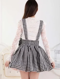 Sweet Lolita Dress SK Check Bow Lolita Suspender Skirt