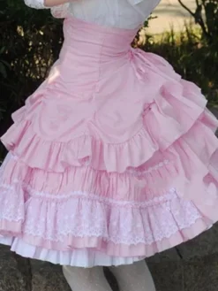 Sweet Lolita Dress SK Pink Lace Criss Cross Ruffle High Waist Cotton Lolita Skirt