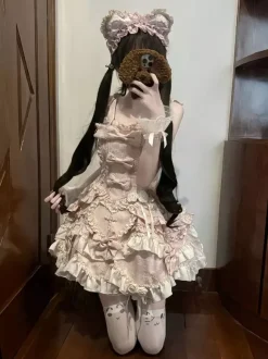 Sweet Lolita Dress Sleeveless Lace Up Ruffles Dress Pink Dress With Train