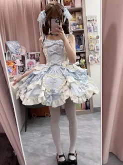 Sweet Lolita Dress Sleeveless Lace Up Ruffles Dress Pink Dress With Train