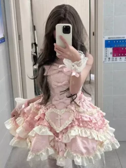 Sweet Lolita Dress Sleeveless Lace Up Ruffles Dress Pink Dress With Train