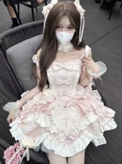 Sweet Lolita Dress Sleeveless Lace Up Ruffles Dress Pink Dress With Train