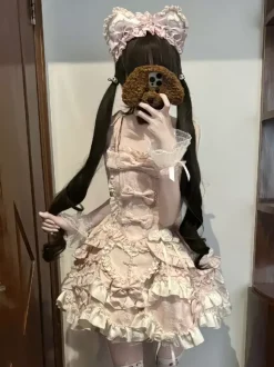 Sweet Lolita Dress Sleeveless Lace Up Ruffles Dress Pink Dress With Train