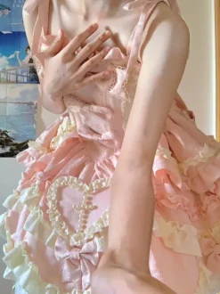 Sweet Lolita Dress Sleeveless Lace Up Ruffles Dress Pink Dress With Train