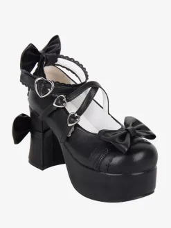Sweet Lolita Footwear Black Bow Bows Round Toe PU Leather Lolita Pumps