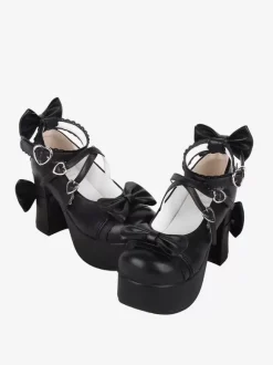 Sweet Lolita Footwear Black Bow Bows Round Toe PU Leather Lolita Pumps
