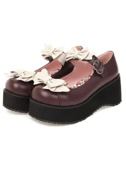 Sweet Lolita Footwear Black Bows Round Toe PU Leather Lolita Shoes
