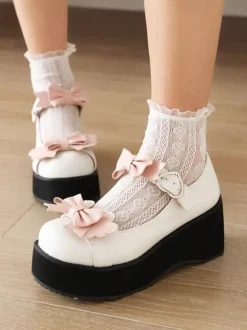 Sweet Lolita Footwear Black Bows Round Toe PU Leather Lolita Shoes