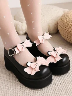 Sweet Lolita Footwear Black Bows Round Toe PU Leather Lolita Shoes
