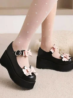 Sweet Lolita Footwear Black Bows Round Toe PU Leather Lolita Shoes