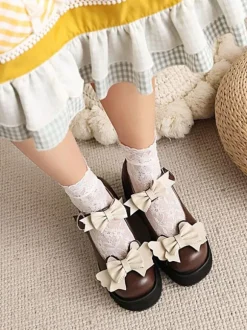 Sweet Lolita Footwear Black Bows Round Toe PU Leather Lolita Shoes