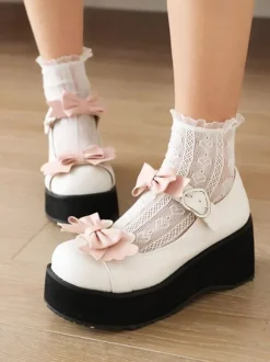 Sweet Lolita Footwear Black Bows Round Toe PU Leather Lolita Shoes