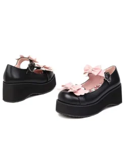 Sweet Lolita Footwear Black Bows Round Toe PU Leather Lolita Shoes