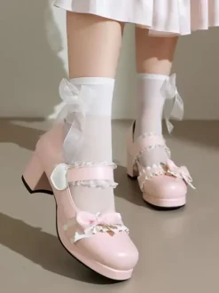 Sweet Lolita Footwear Black Bows PU Leather Chunky Heel Lolita Pumps