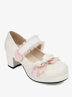 Sweet Lolita Footwear Black Bows PU Leather Chunky Heel Lolita Pumps