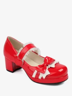 Sweet Lolita Footwear Black Bows PU Leather Chunky Heel Lolita Pumps