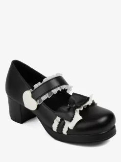Sweet Lolita Footwear Black Bows PU Leather Chunky Heel Lolita Pumps