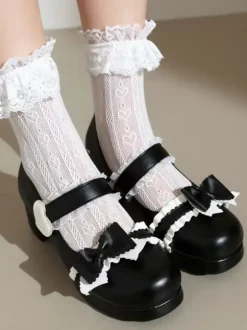 Sweet Lolita Footwear Black Bows PU Leather Chunky Heel Lolita Pumps
