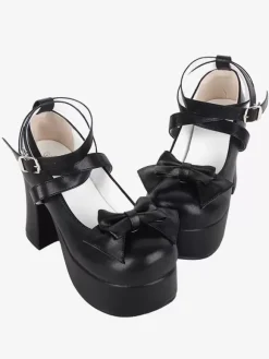 Sweet Lolita Footwear Black Bow Bows Round Toe PU Leather Lolita Shoes