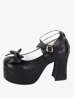 Sweet Lolita Footwear Black Bow Bows Round Toe PU Leather Lolita Shoes