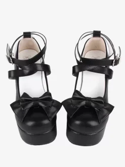 Sweet Lolita Footwear Black Bow Bows Round Toe PU Leather Lolita Shoes
