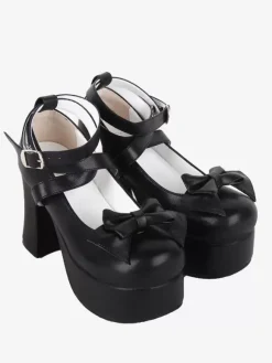 Sweet Lolita Footwear Black Bow Bows Round Toe PU Leather Lolita Shoes