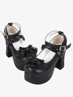 Sweet Lolita Footwear Black Bow Bows Round Toe PU Leather Lolita Shoes