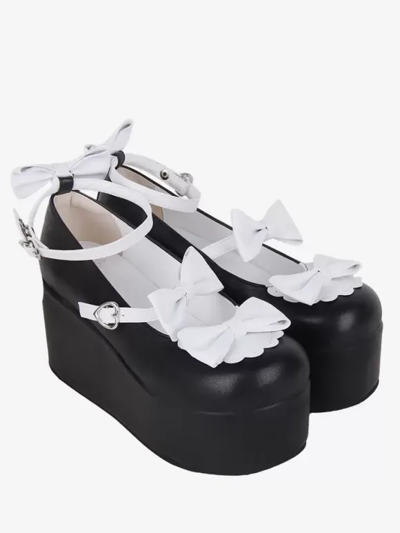 Sweet Lolita Footwear Black Butterfly Two-Tone PU Leather Wedge Heel Lolita Pumps
