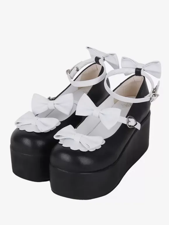 Sweet Lolita Footwear Black Butterfly Two-Tone PU Leather Wedge Heel Lolita Pumps